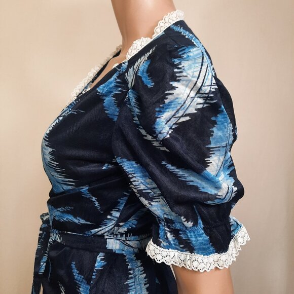 Vintage 70s Nylon Maxi Peignoir Set Sz S Nightgown Wrap Robe Blue Feather Print - Picture 9 of 10